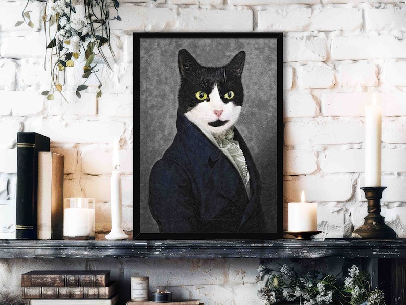 Gentleman Cat Art Print - Vintage / Historical Painting Style Portrait of Black & White Cat Wearing Victorian Suit - Animal Lover Home Decor