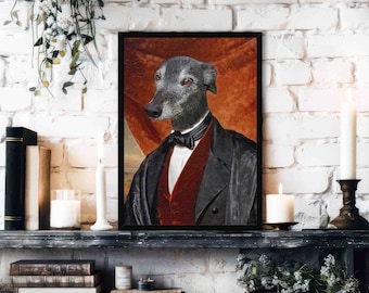 Greyhound Art Print - Vintage Historical Painting Style Portrait of Gentleman Black Greyhound / Whippet Dog - Home Decor / Animal Lover Gift