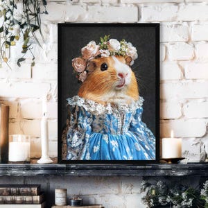 Guinea Pig Lady Wall Art Print // Vintage Painting Style Portrait of Cute Animal in Victorian Dress & Flowers - Home Decor Poster Gift
