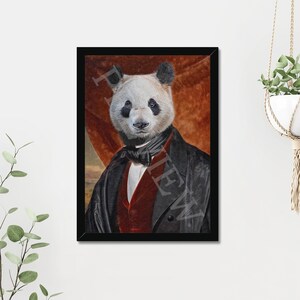 May include: A black and white panda wearing a black suit with a red waistcoat and a white bow tie. The panda is posed against a red and brown background.