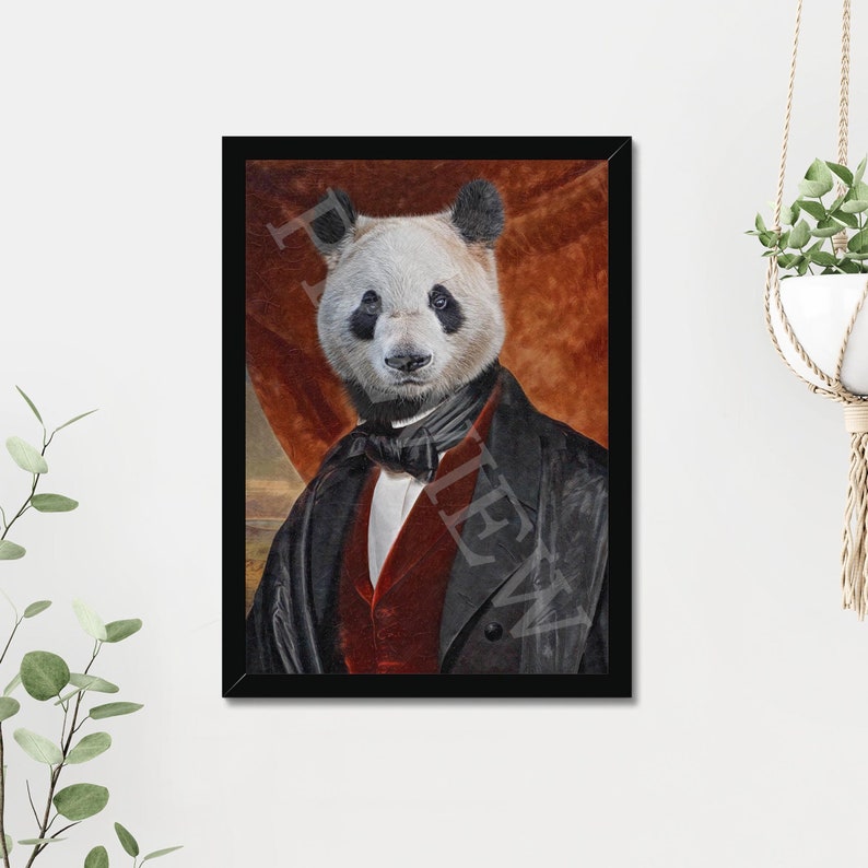 May include: A black and white panda wearing a black suit with a red waistcoat and a white bow tie. The panda is posed against a red and brown background.