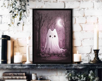 Ghost Cat Art Print: Pink Moonlit Forest, Gothic Maximalist Poster