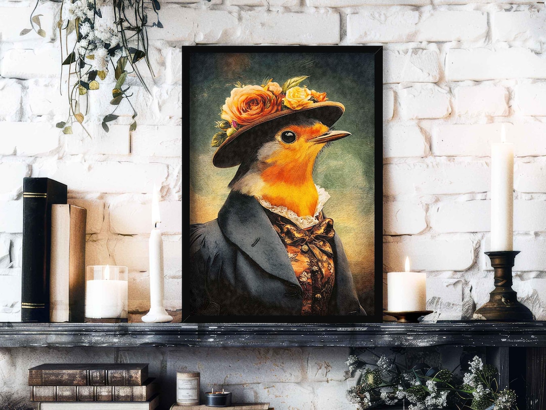 Whimsy Robin Lady Robin Bird Wall Art Print // Vintage Painting Style Portrait of ...