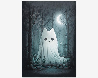 Ghost Cat Art Print: Blue Moonlit Forest, Gothic Maximalist Decor