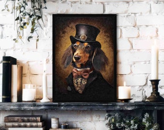 Dachshund Dog Wall Art Print //  Sausage Wiener Dog Wearing Victorian Outfit & Hat Vintage Painting Style Portrait - Dog Lover Poster Gift