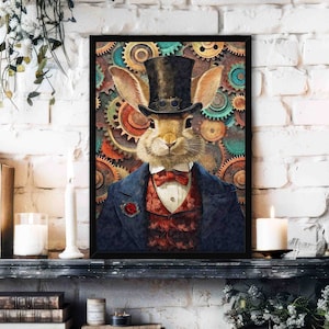Steampunk Rabbit Wall Art Print // Vintage Style Portrait of Gentleman Hare Wearing Steam Punk Top Hat Outfit - Quirky Maximalist Home Decor