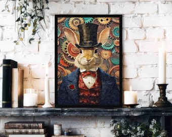 Steampunk Rabbit Wall Art Print // Vintage Style Portrait of Gentleman Hare Wearing Steam Punk Top Hat Outfit - Quirky Maximalist Home Decor