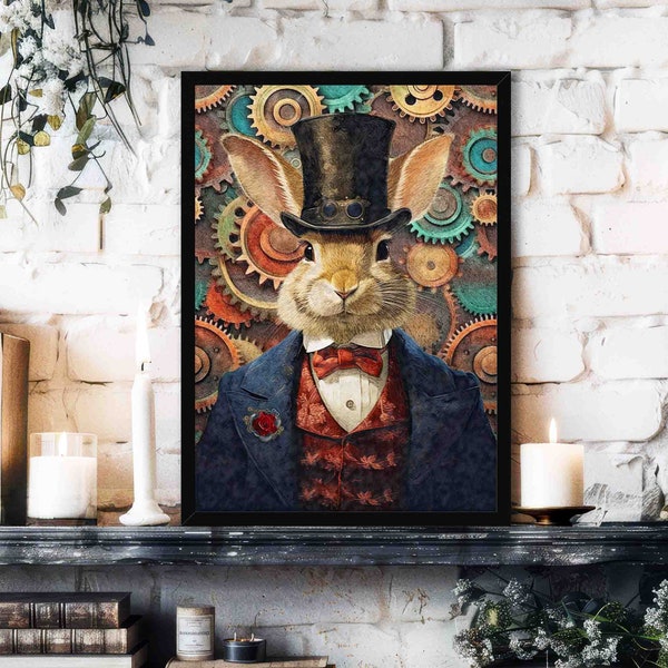 Steampunk Rabbit Wall Art Print // Vintage Style Portrait of Gentleman Hare Wearing Steam Punk Top Hat Outfit - Quirky Maximalist Home Decor