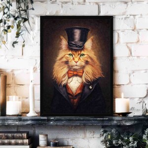 Orange & White Gentleman Cat Art Print / Vintage Painting Style Poster of Fluffy Ginger Tabby Maine Coon in Victorian Suit - Pet Parent Gift