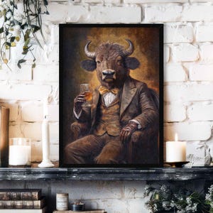 Bison Drinking Bourbon Wall Art Print // Vintage Painting Style Portrait of Victorian Bull with Whisky / Scotch - Animal Decor Poster Gift