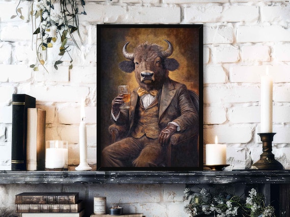 Bison Drinking Bourbon Wall Art Print // Vintage Painting Style