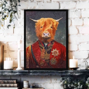Highland Cow Wall Art Print - Vintage Historical Painting Style Portrait of Ginger Scottish Cow Wearing a Red Army / Military Outfit