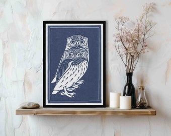 Blue Owl Print // 18th Century Vintage Illustration Wall Art - Bird Couple / Friends Poster - Victorian Animal Home Decor - Two Owls