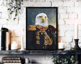 May include: A framed portrait of a bald eagle dressed in a military uniform with gold trim and medals. The eagle has a serious expression and is looking directly at the viewer. The background is a blue and gray watercolor wash.