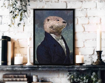 Otter Wall Art Print - Vintage Painting Style Portrait of Victorian Gentleman Otter / Mink Wearing a Suit - Animal Lover Home Decor Gift