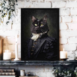 Black Victorian Cat Art Print // Vintage Painting Style Portrait of Black Kitty in Gothic Lace Suit - Animal Lover Wall Decor Poster Gift