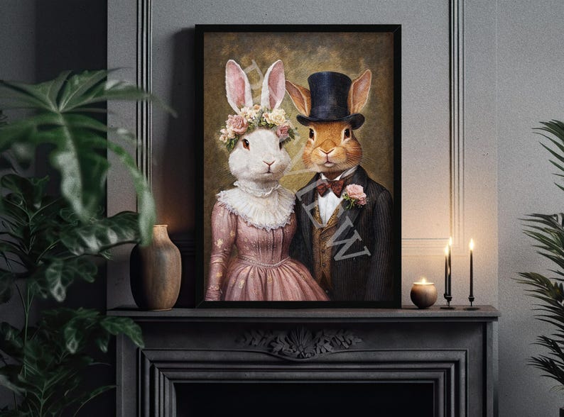 Rare Rabbit Formal Pair Rabbit Couple Wall Art Print / Vintage Painting Style Portrait of Bunny ...