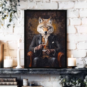 Wolf Drinking Whisky Wall Art Print // Vintage Painting Style Portrait of Animal in Victorian Suit with Bourbon - Fantasy Home Bar Pub Gift
