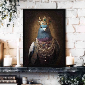 Pigeon King Wall Art Print // Cute Royal Bird in a Vintage Painting Style Portrait - Renaissance Victorian Animal Lover Home Decor Poster