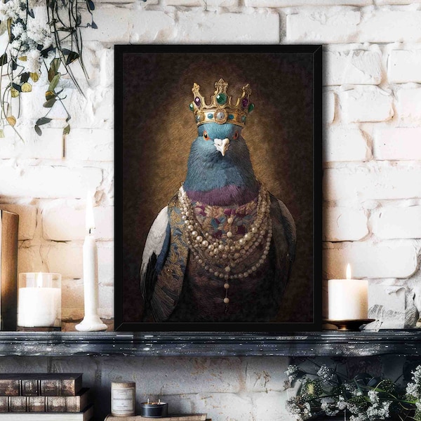 Impression d'art mural Pigeon King / / Joli oiseau royal dans un portrait de style peinture vintage - affiche de décoration intérieure Renaissance victorienne pour amoureux des animaux