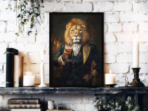 Lion Drinking Bourbon Wall Art Print: Vintage Style Portrait of