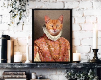 Ginger Cat Print // Vintage Painting Style Portrait of Cute Royal Kitten Wearing Renaissance Ruff // Animal Wall Art Home Décor Poster Gift
