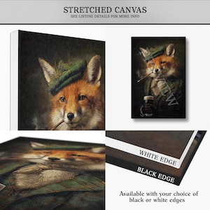 May include: Stretched canvas art print featuring a fox in a green hat and plaid jacket, smoking a pipe. The artwork is available with black or white edges. The canvas is stretched and ready to hang.