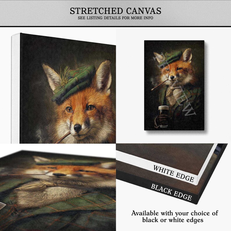 May include: Stretched canvas art print featuring a fox in a green hat and plaid jacket, smoking a pipe. The artwork is available with black or white edges. The canvas is stretched and ready to hang.