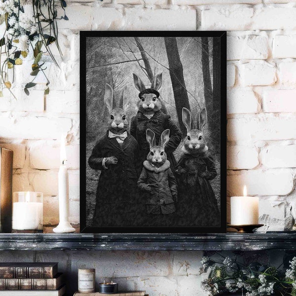 Rabbit Family Picture Wall Art Print // Vintage Photograph Style Portrait of Bunny Family in Forest Wearing Victorian Outfits - Gothic Decor