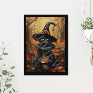 May include: A black cat dressed as a witch with a pointed hat and a black dress, holding a cauldron with glowing sparks. The cat is surrounded by autumn leaves and pumpkins in a forest setting.