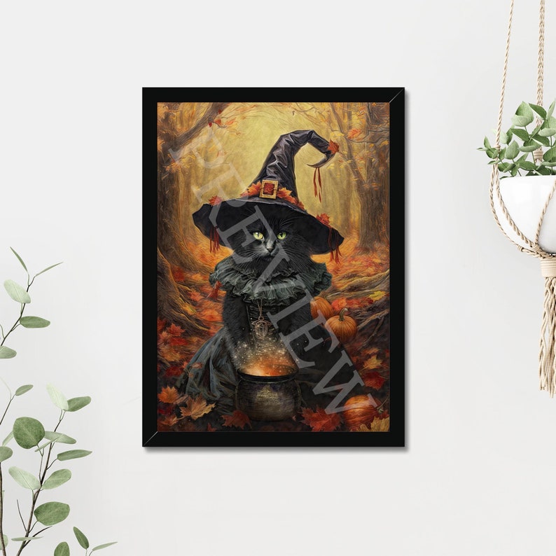May include: A black cat dressed as a witch with a pointed hat and a black dress, holding a cauldron with glowing sparks. The cat is surrounded by autumn leaves and pumpkins in a forest setting.
