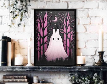 Ghost Bunny Art Print: Pink Gothic Forest Animal Poster