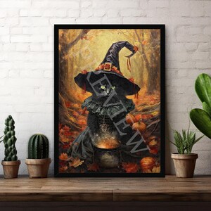 May include: A black cat dressed as a witch with a black pointed hat and a black and white dress, holding a cauldron in a forest setting with autumn leaves and pumpkins.