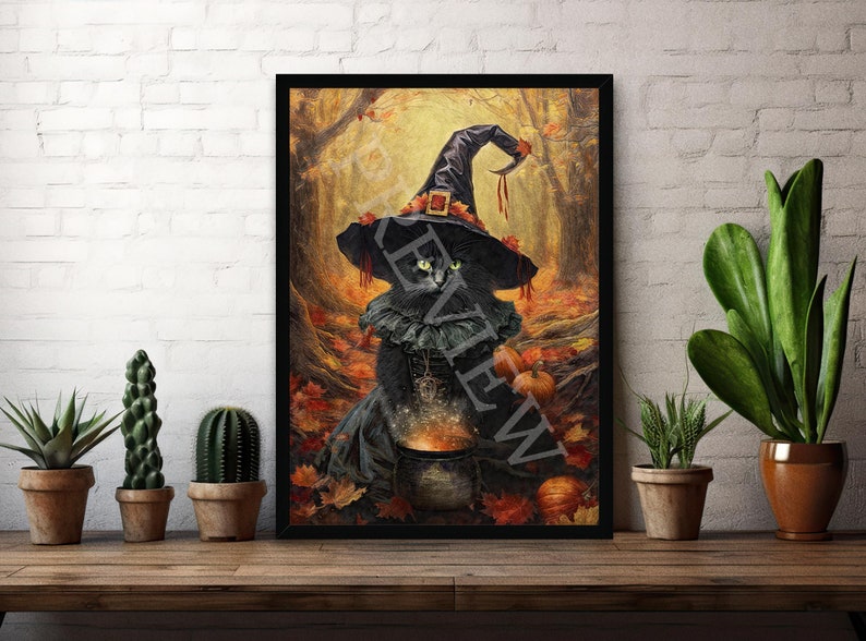 May include: A black cat dressed as a witch with a black pointed hat and a black and white dress, holding a cauldron in a forest setting with autumn leaves and pumpkins.