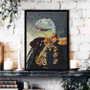 T. Rex Wall Art Print - Vintage Historical Military Painting Style Portrait of Regal Dinosaur / Tyrannosaurus Home Decor - Dino Lover Gift