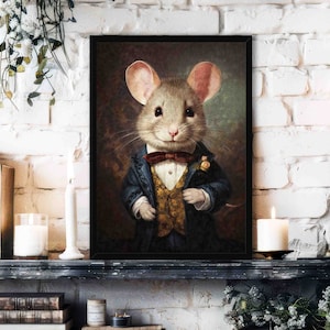 Mouse Gentleman Wall Art Print // Vintage Painting Style Portrait of Cute Hamster in Victorian Outfit - Pet Animal Home Decor Poster Gift