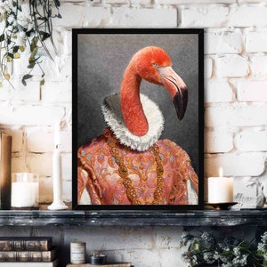 Flamingo Art Print // Vintage Historical Painting Style Portrait of a Pink / Orange Tropical Bird with Renaissance Ruff  - Animal Lover Gift