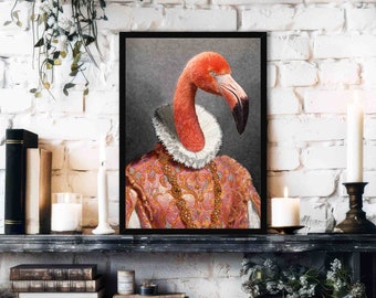 Flamingo Art Print // Vintage Historical Painting Style Portrait of a Pink / Orange Tropical Bird with Renaissance Ruff  - Animal Lover Gift