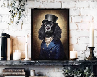 Black Cocker Spaniel Wall Art Print // Victorian Dog Wearing Top Hat and Suit in a Vintage Painting Style Portrait - Dog Lover Poster Gift