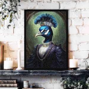 Peacock Queen Wall Art Print // Vintage Painting Style Portrait of Lady Peafowl Bird in Victorian Royal Outfit - Animal Home Decor Gift