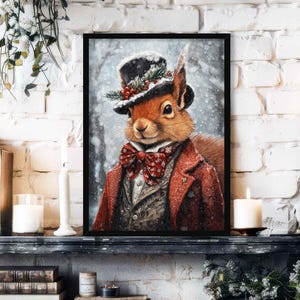 Squirrel Winter Christmas Wall Art Print // Vintage Painting Style Portrait of Cute Animal in Victorian Suit - Festive Holiday Home Decor