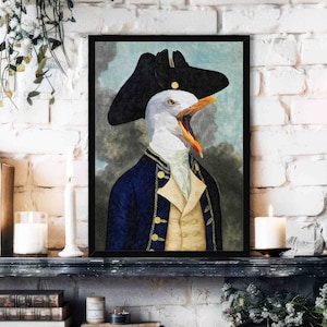 Navy Seagull Print // Vintage Painting Style Portrait of Coastal Sea Bird Wearing Admiral Army Military Uniform - Maximalist Bathroom Decor