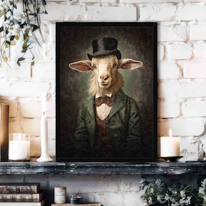 Goat Wall Art Print // Vintage Painting Style Portrait of Billy Goat in Victorian Gentleman's Suit & Bowtie - Animal Cottagecore Poster Gift