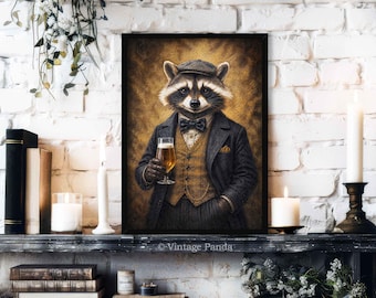 Raccoon Drinking Beer Wall Art Print: Vintage Portrait of Gentleman Raccoon in with Ale | Speakeasy Artwork, Home Bar & Man Cave Decor Gift