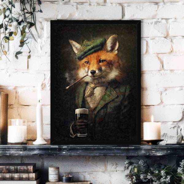 Irish Fox Wall Art Print // Vintage Painting Style Portrait of Fox Drinking Guinness Stout & Smoking Pipe - Ireland Animal Decor Poster Gift