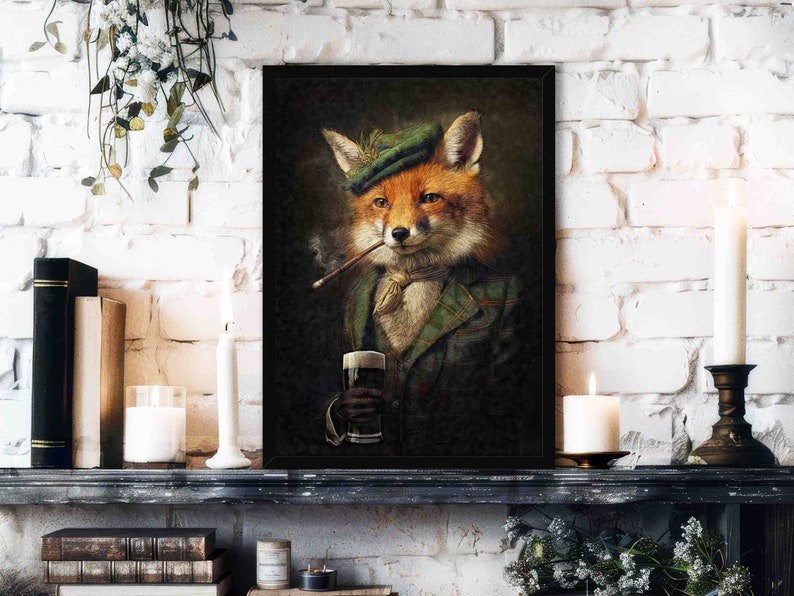 Irish Fox Wall Art Print // Vintage Painting Style Portrait of Fox Drinking Guinness Stout & Smoking Pipe - Ireland Animal Decor Poster Gift