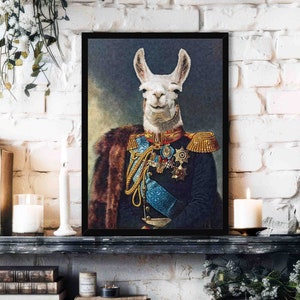 Llama Wall Art Print - Vintage Historical Military Army Painting Style Portrait of a Regal Llama / Alpaca Home Decor - Animal Lover Gift