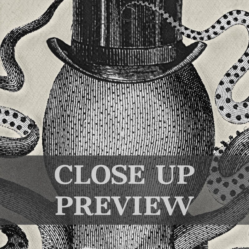 Op de afbeelding: Zwart-witte illustratie van een octopus die een hoge hoed draagt. De octopus heeft een rond lichaam met tentakels en een hoge hoed met een brede rand.
