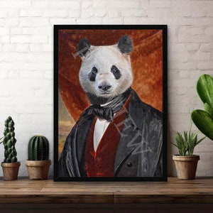 May include: A black and white panda wearing a black suit with a red waistcoat and a black bow tie. The panda is standing in front of a red and orange background.