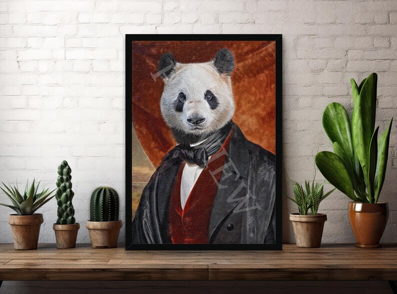 May include: A black and white panda wearing a black suit with a red waistcoat and a black bow tie. The panda is standing in front of a red and orange background.